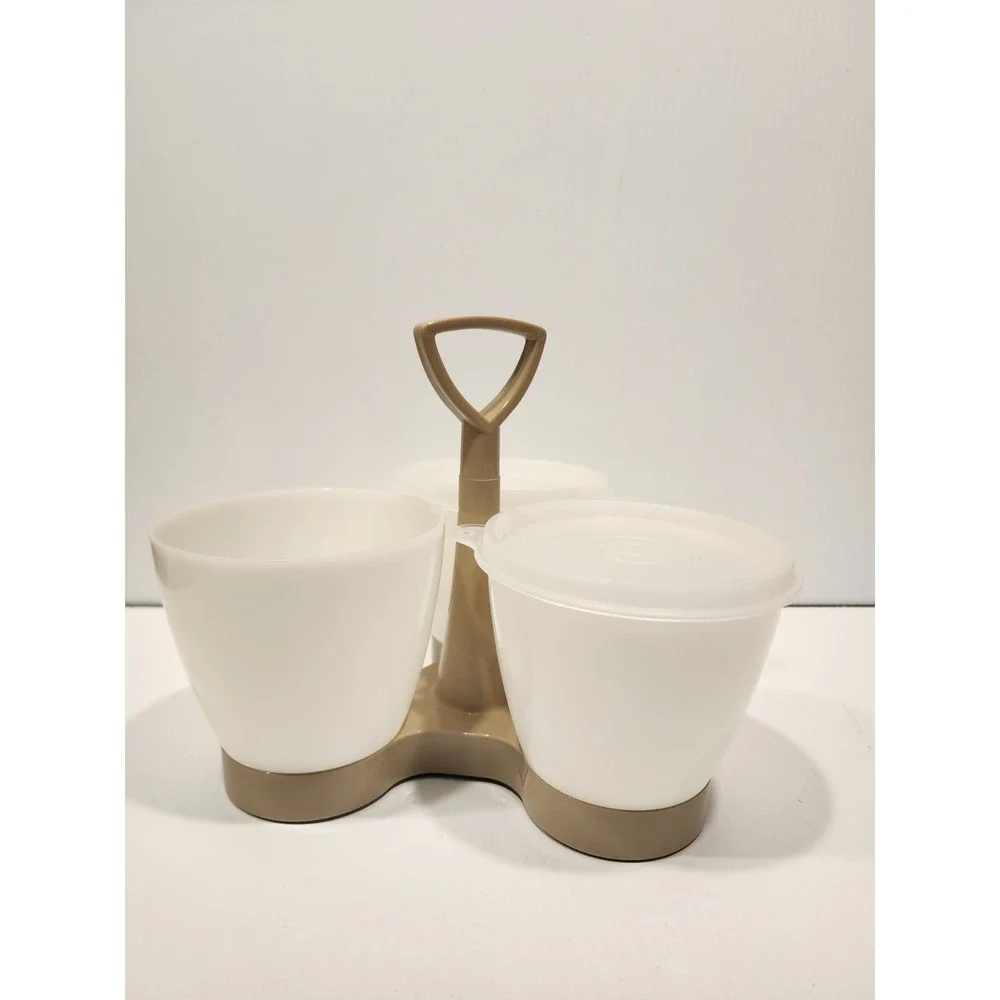 Vintage Tupperware 757-4‎ Tan Base 3 Section Condiment Caddy w/ 2 Lids